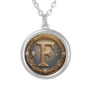 Golden Monogram Initial Letter F Silver Plated Necklace
