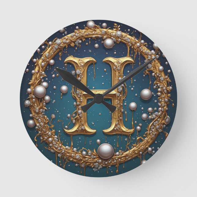 Golden Monogram Initial Letter H Round Clock (Front)