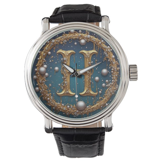 Golden Monogram Initial Letter H Watch (Front)