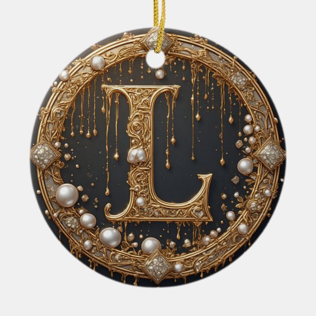 Golden Monogram Initial Letter L Ceramic Ornament (Front)