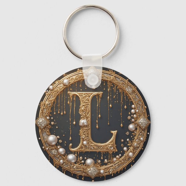 Golden Monogram Initial Letter L Keychain (Front)