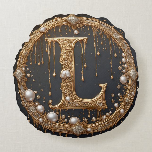 Golden Monogram Initial Letter L Round Pillow (Front)