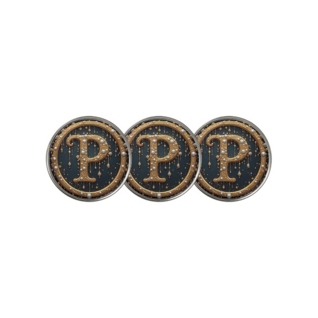 Golden Monogram Initial Letter P Golf Ball Marker (3 Up)