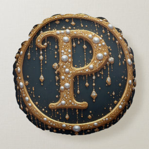 Golden Monogram Initial Letter P Round Pillow