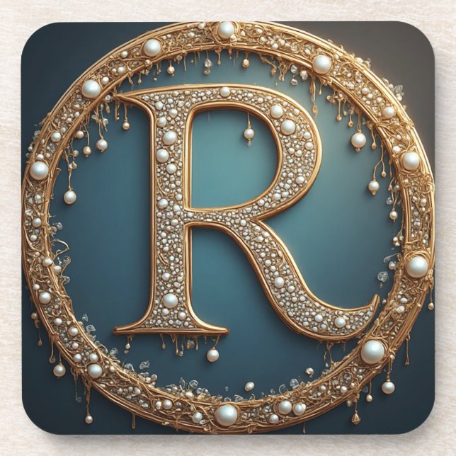 Golden Monogram Initial Letter R Beverage Coaster (Front)