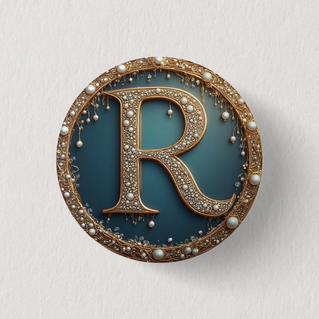 Golden Monogram Initial Letter R Button (Front)