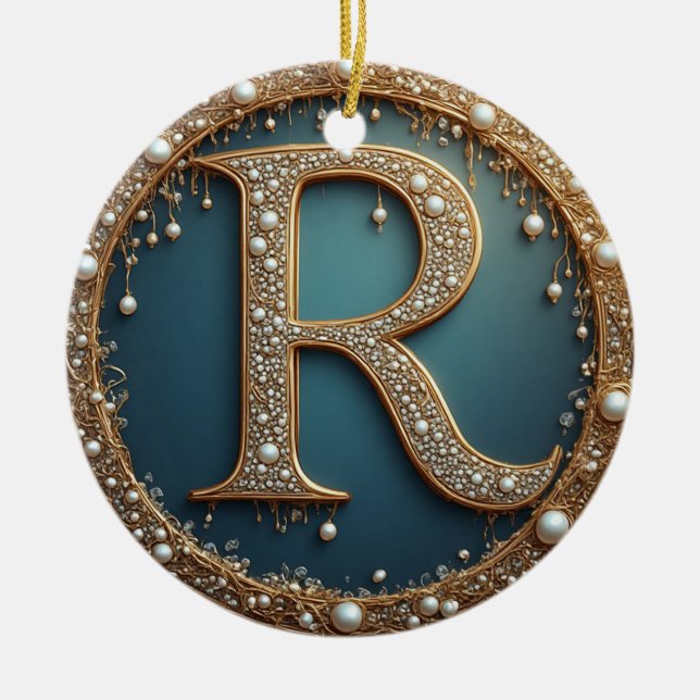 Golden Monogram Initial Letter R Ceramic Ornament (Front)