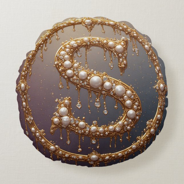 Golden Monogram Initial Letter S Round Pillow (Front)