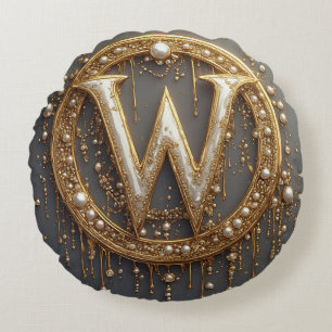 Golden Monogram Initial Letter W Round Pillow
