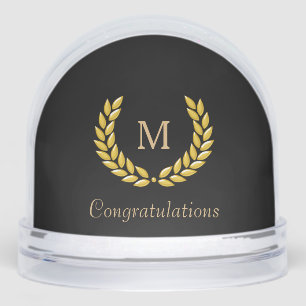 Golden Monogram & Laurel Wreath on Black Snow Globe