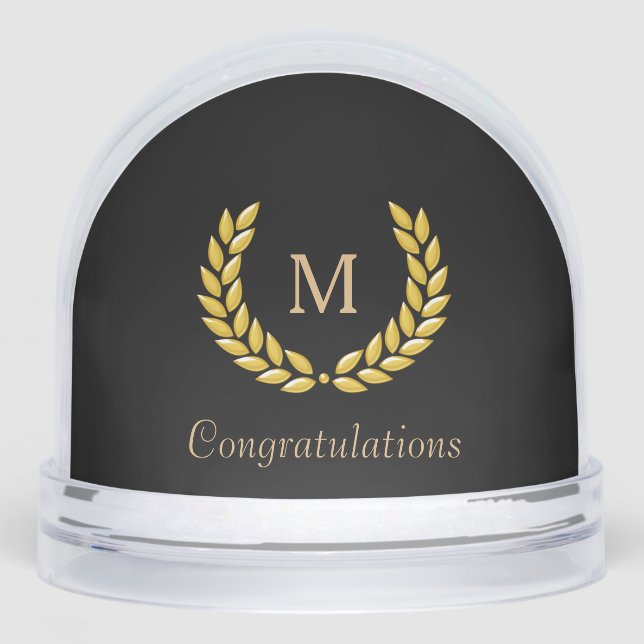 Golden Monogram & Laurel Wreath on Black Snow Globe (Front)