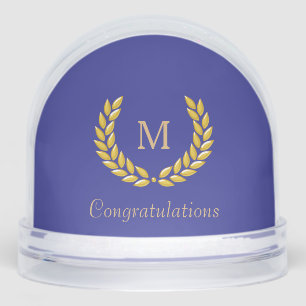 Golden Monogram & Laurel Wreath on Deep Blue Snow Globe