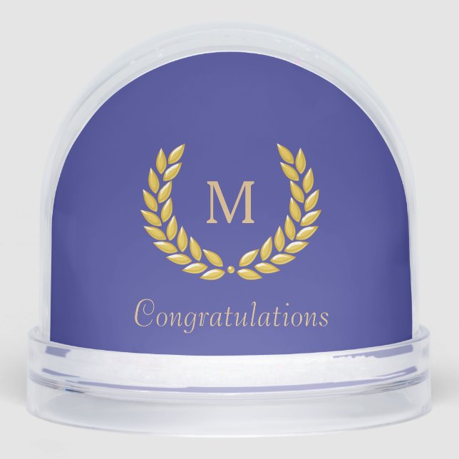 Golden Monogram & Laurel Wreath on Deep Blue Snow Globe (Front)
