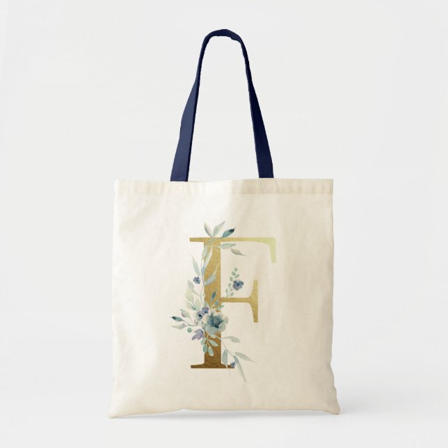 Golden Monogram Letter F Blue Watercolor Flowers Tote Bag (Front)