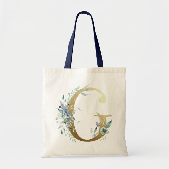 Golden Monogram Letter G Blue Watercolor Flowers Tote Bag (Front)