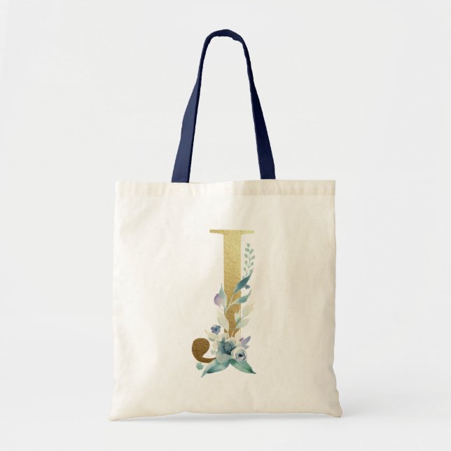 Golden Monogram Letter J Blue Watercolor Flowers Tote Bag (Front)