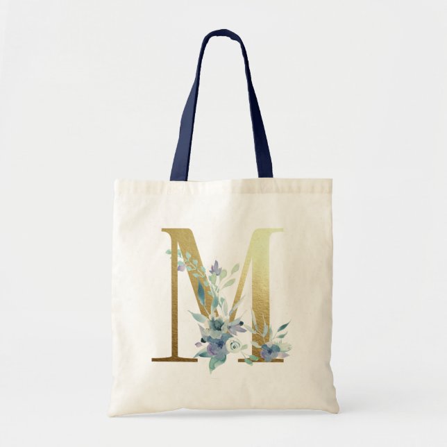 Golden Monogram Letter M Blue Watercolor Flowers Tote Bag (Front)