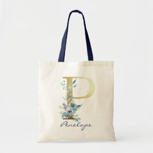 Golden Monogram Letter P Blue Name Floral Decor Tote Bag