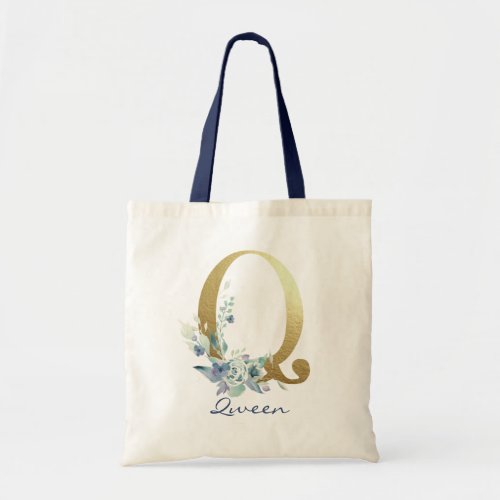 Golden Monogram Letter Q Blue Name Floral Decor Tote Bag