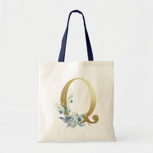 Golden Monogram Letter Q Blue Watercolor Flowers Tote Bag