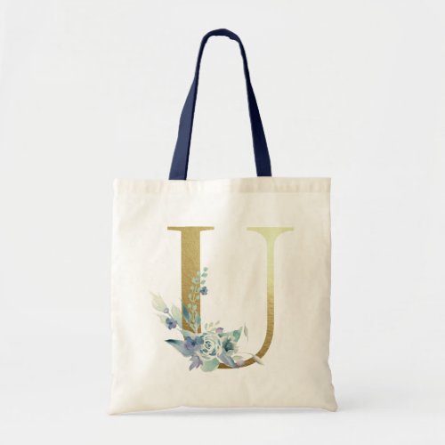 Golden Monogram Letter U Blue Watercolor Flowers Tote Bag