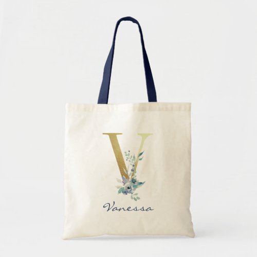 Golden Monogram Letter V Blue Name Floral Decor Tote Bag