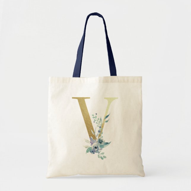 Golden Monogram Letter V Blue Watercolor Flowers Tote Bag (Front)