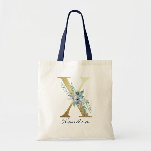 Golden Monogram Letter X Blue Name Floral Decor Tote Bag