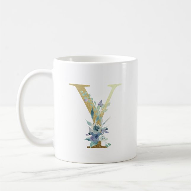 Golden Monogram Letter  Y Blue Watercolor Flowers Coffee Mug (Left)