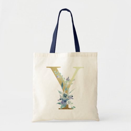 Golden Monogram Letter  Y Blue Watercolor Flowers Tote Bag