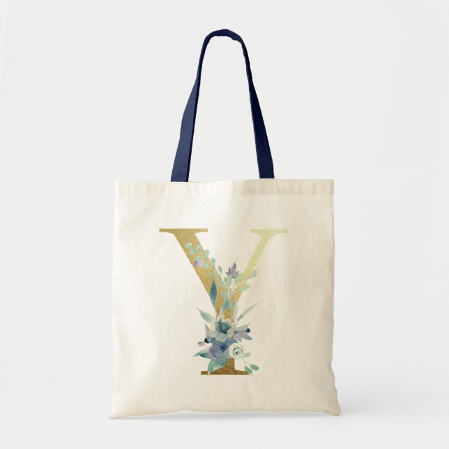 Golden Monogram Letter  Y Blue Watercolor Flowers Tote Bag (Front)