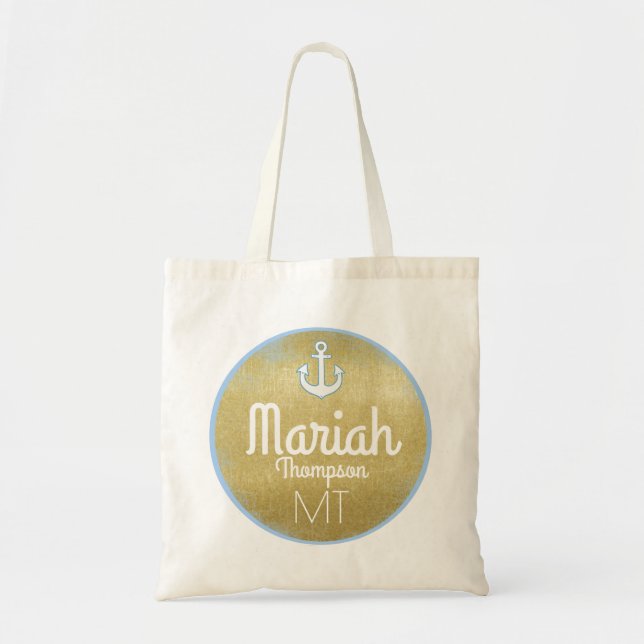 golden monogram nautical & personalized tote bag (Front)