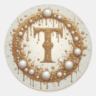 Golden Monogram T Initial Jewelry Motif Gift Classic Round Sticker