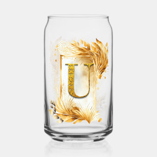 Golden Monogram U With Decorated Frame Can Glass