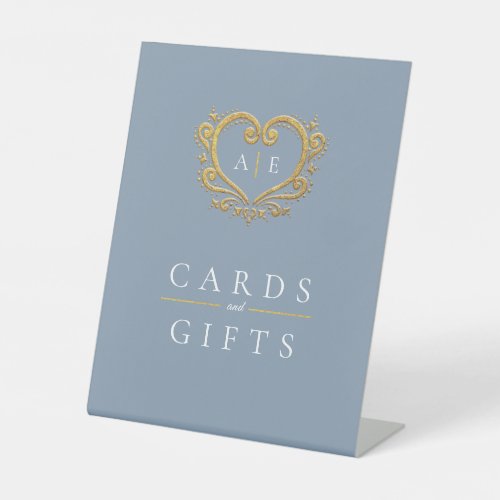 Golden monogram wedding cards and gifts dusty blue pedestal sign