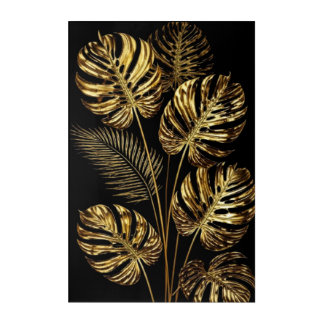 Golden Monstera Leaf Luxury Black Acrylic Wall Art