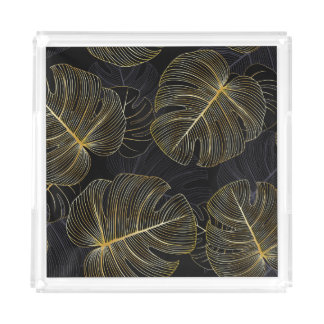 Golden monstera leaves, romantic seamless floral. acrylic tray
