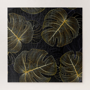 Golden monstera leaves, romantic seamless floral. jigsaw puzzle