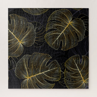 Golden monstera leaves, romantic seamless floral. jigsaw puzzle