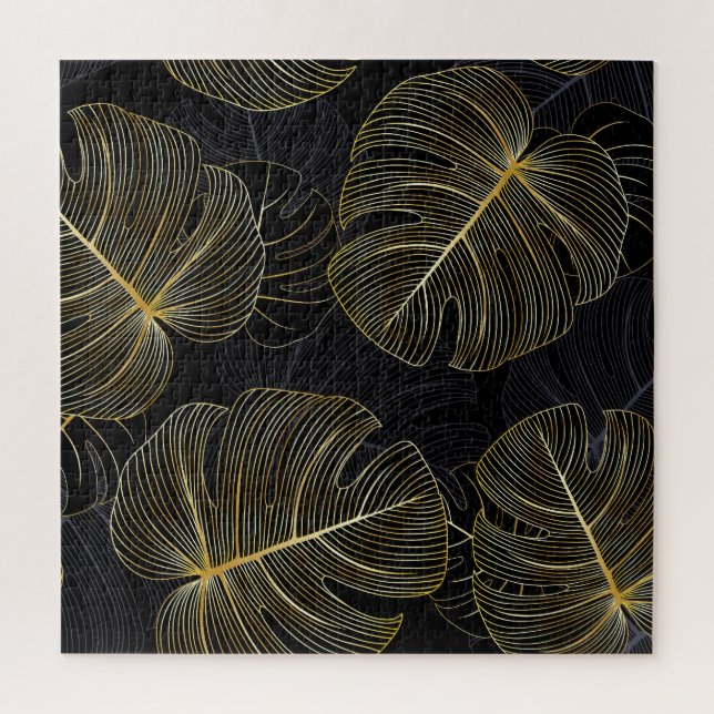 Golden monstera leaves, romantic seamless floral. jigsaw puzzle (Vertical)