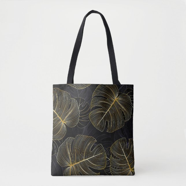 Golden monstera leaves, romantic seamless floral. tote bag (Front)