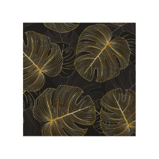 Golden monstera leaves, romantic seamless floral. wood wall art