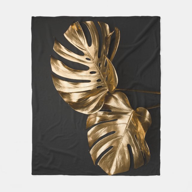 Golden Monstera: Luxurious Artistic Composition Fleece Blanket (Front)