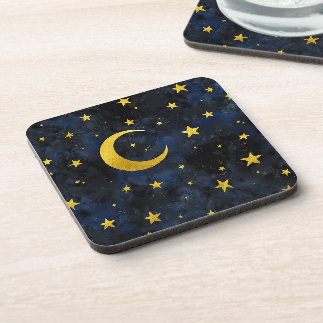 Golden Moon and Stars on Dark Blue Marble Beverage Coaster (Left Side)