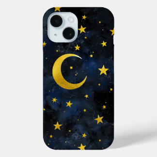 Golden Moon and Stars on Dark Blue Marble iPhone 15 Case