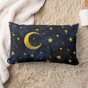 Golden Moon and Stars on Dark Blue Marble Lumbar Pillow