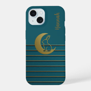 Golden Moon & Bunny on Teal Phone Case