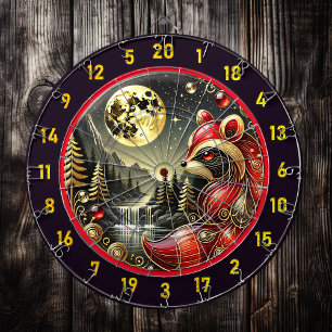 Golden Moon Highlights Bold Red Raccoon Dart Board