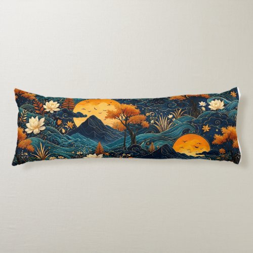 Golden Moon Mountain Night Sky Lotus Floral Pattrn Body Pillow