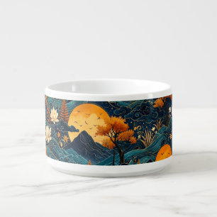 Golden Moon Mountain Night Sky Lotus Floral Pattrn Bowl